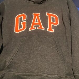 GAP Charcoal Hoodie with Vibrant Orange Lettering
